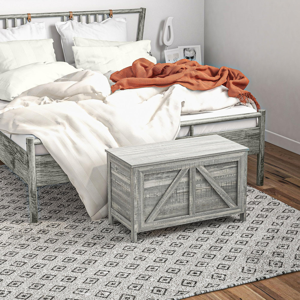 HOMCOM 30" Farmhouse Storage Chest, Lift Top Box Organizer with Safety Hinge to Open Up 100° for Bedroom, Entryway, Living Room, Gray Wood Grain HOMCOM