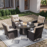 Kurapika 5 Pieces Patio Furniture Set, Rattan Wicker Outdoor Conversation Sets, 4 Woven Rattan Swivel Chairs w/48in Propane Fire Pit Table and Thickened Cushions, Sand Kurapika