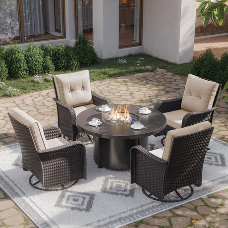 Kurapika 5 Pieces Patio Furniture Set, Rattan Wicker Outdoor Conversation Sets, 4 Woven Rattan Swivel Chairs w/48in Propane Fire Pit Table and Thickened Cushions, Sand Kurapika