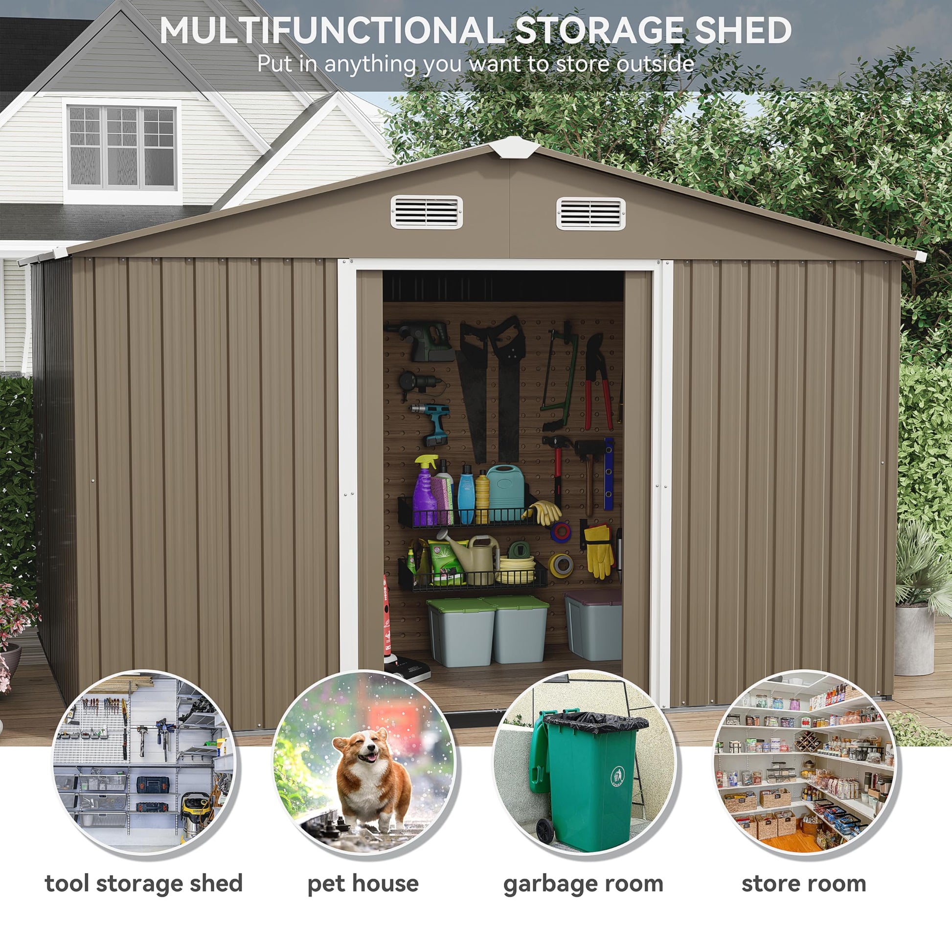 Kurapika 10 x 8FT Outdoor Storage Shed Waterproof, Large Garden Tool Shed with Air Vents and Lockable Sliding Door, Shed Storage House, Metal Shed Outdoor Storage for Garden, Patio, Backyard, - WoodArtSupply