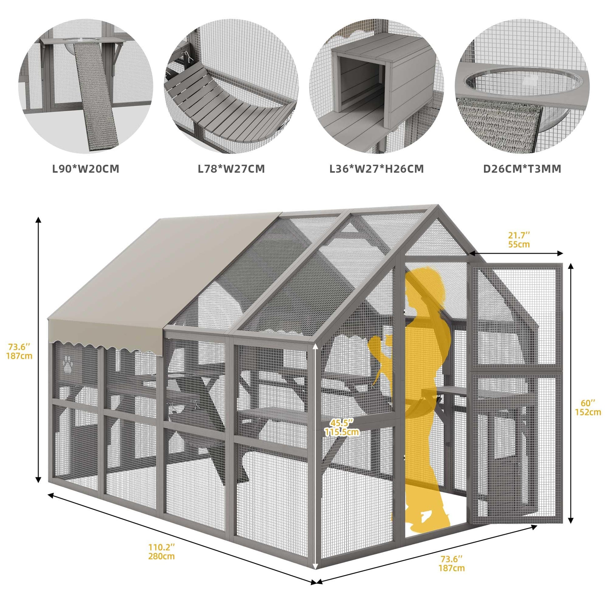 DWVO Extra Large Catio Outdoor Cat Enclosure, 110 inch Outside Cattery with Weatherproof Roof, Cat Scratcher Ramp, Cat Space Capsule Bed, 2 Bridges, 2 Resting Houses, 7 Platforms - WoodArtSupply