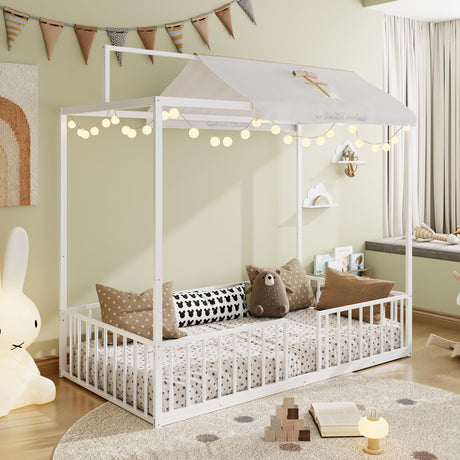 SOFTSEA 3-in-1 Convertible Twin Montessori Floor Bed, Twin Size Metal Canopy Bed with Metal Slats Support for Kids Teens, Adjustable Slats & Fence Guardrails, White SOFTSEA