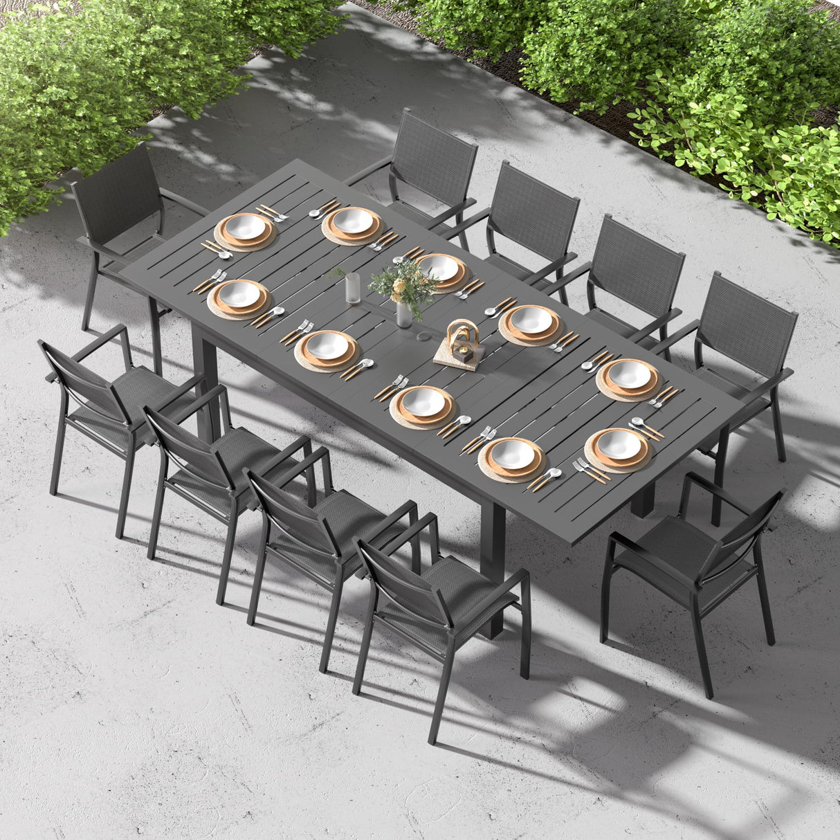 RoyalCraft Patio Expandable Table Dining Set for 4 to 10, Aluminum Outdoor Dining Table, Rectangular Patio Metal Table with Umbrella Hole for Backyard Porch, Deck ? Garden, Easy Assembly, Dark Grey RoyalCraft