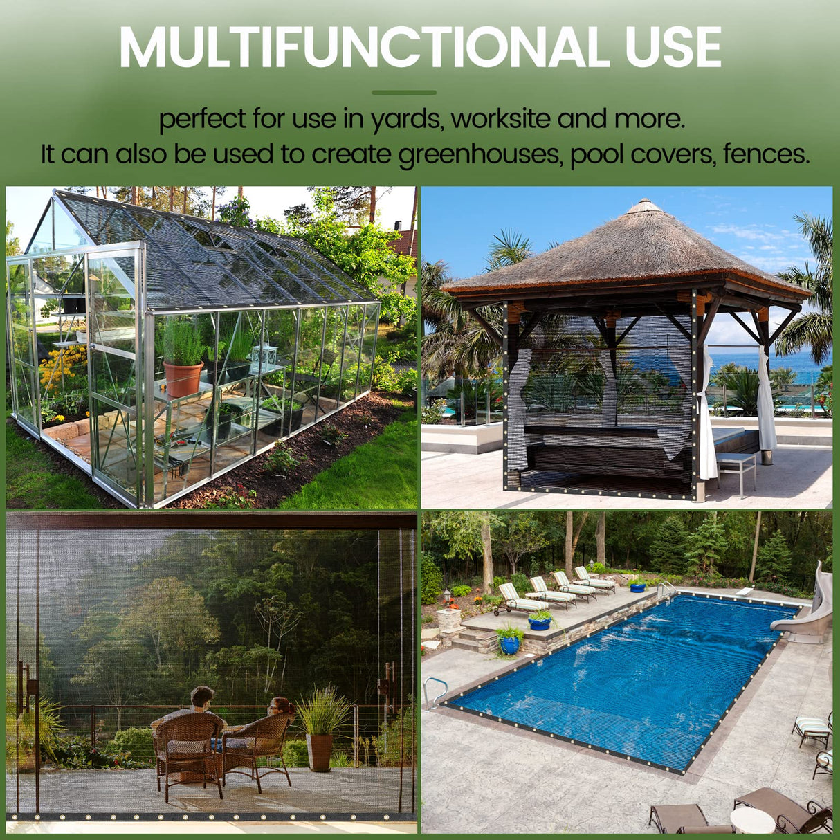 Windscreensupplyco 60-70% 10 FT X 12 FT Mesh Tarp/Shade Cloth 9-Needle Knitted Heavy Duty Black with Grommets for Green House, Garden, pergola, Pools, Dump Truck - MT1012BLKX1 WindscreenSupplyCo