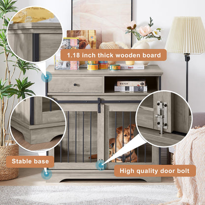 35.4 Inch Furniture Style Dog Crate with Sliding Barn Door and Storage Drawers, Wooden Dog Cage Furniture End Side Table, Chew-Resistant, Grey, 35.4" W x 23.6" D x 33.5" H