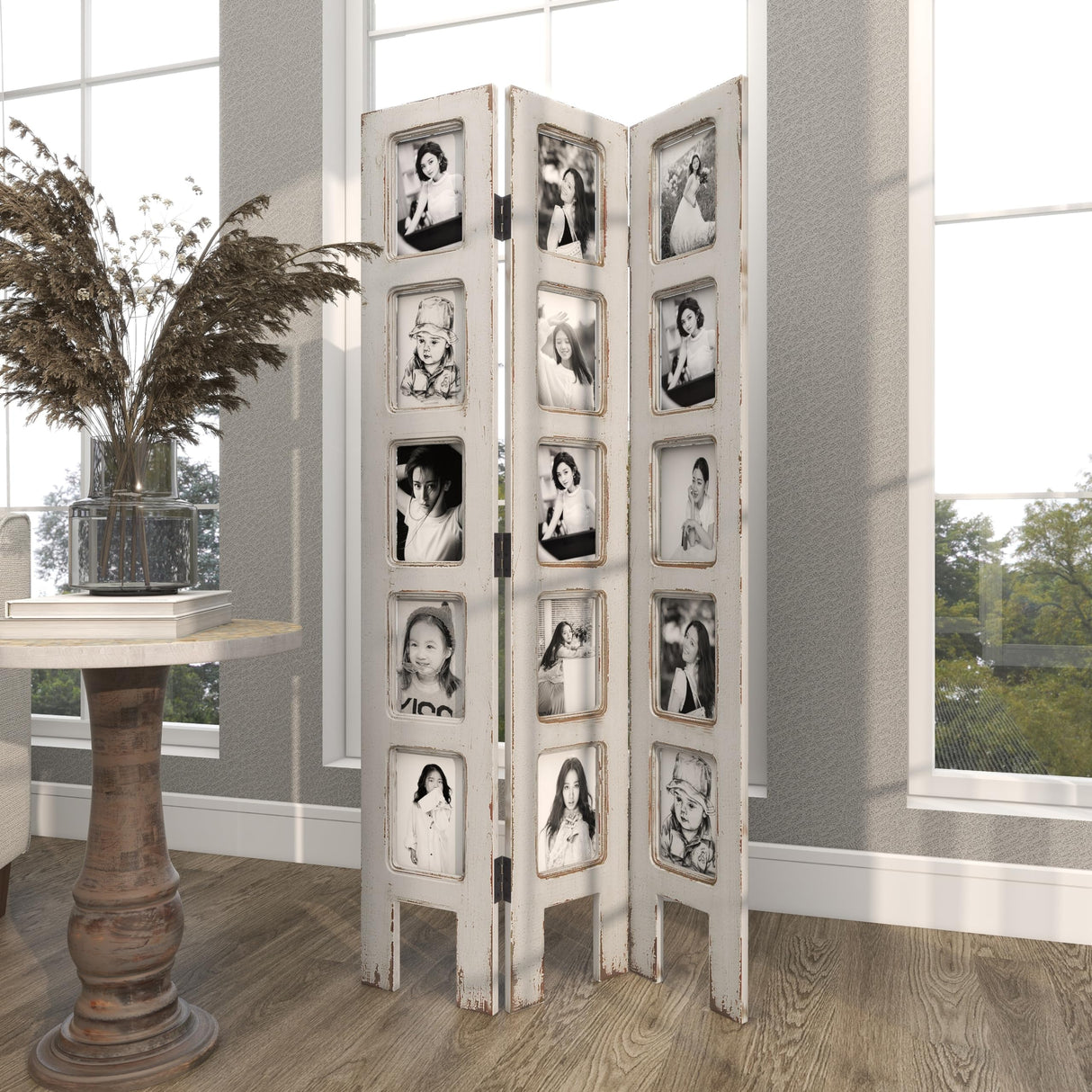 Deco 79 Wooden Partition Room Divider Screen Hinged Foldable Partition 3 Panel Privacy Screen with 15 Photo Slots, Room Partition 27" x 1" x 51", White Deco 79