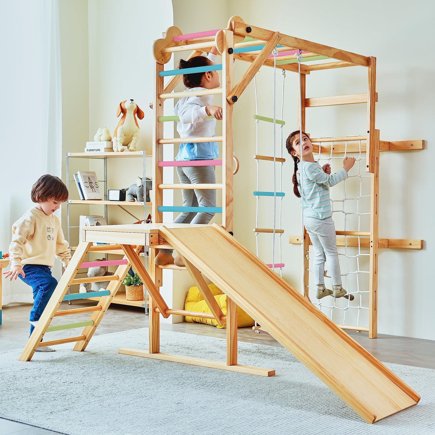 Avenlur Grove 8-in-1 Indoor Jungle Gym with Gymnastic Rings, Climbing Rope, Swing, Slide, Monkey Bars, Rope Wall Net, and Wooden and Rope Ladder - Jungle Play Set for Kids Ages 2-11 Years Old