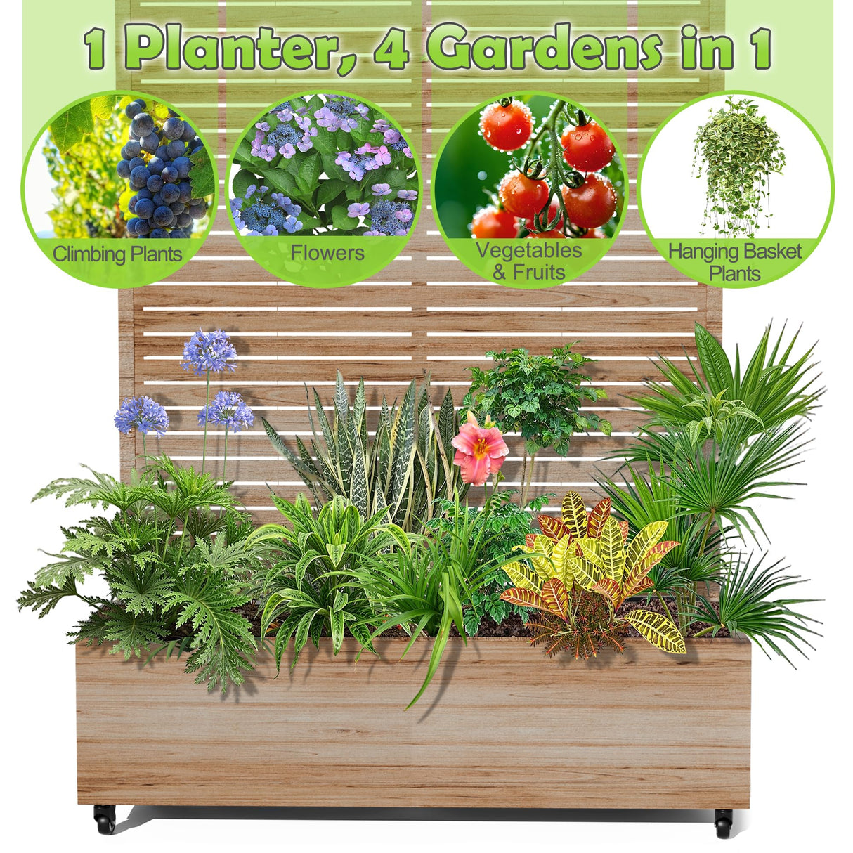 15.7"×70.9"×47.2" Metal Raised Garden Bed with Trellis and Wheels - Tall Trellis Planter Box for Climbing Plants, Vegetables & Vines - Outdoor Privacy Planters for Patio (Acacia Wood Grain) TOAOTBNBO