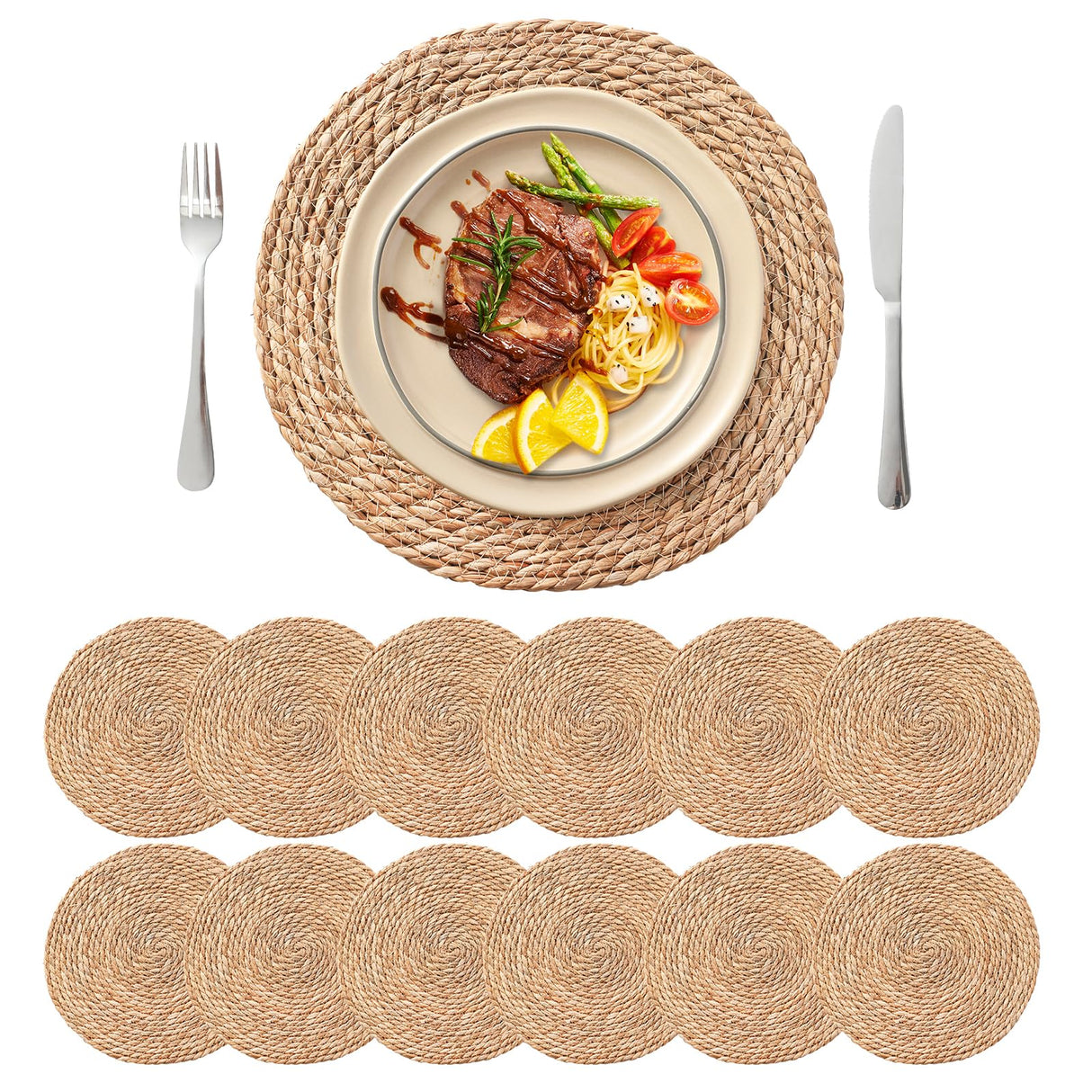 13.5'' Round Woven Placemats Set of 12, Boho Rattan Chargers for Dinner Plates, Rustic Wicker Place Mats, Straw Braided Table Placemats, for Dining Table, Thanksgiving, Fall, Farmhouse, and Christmas Terrekraft