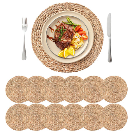 13.5'' Round Woven Placemats Set of 12, Boho Rattan Chargers for Dinner Plates, Rustic Wicker Place Mats, Straw Braided Table Placemats, for Dining Table, Thanksgiving, Fall, Farmhouse, and Christmas Terrekraft