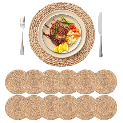 13.5'' Round Woven Placemats Set of 12, Boho Rattan Chargers for Dinner Plates, Rustic Wicker Place Mats, Straw Braided Table Placemats, for Dining Table, Thanksgiving, Fall, Farmhouse, and Christmas