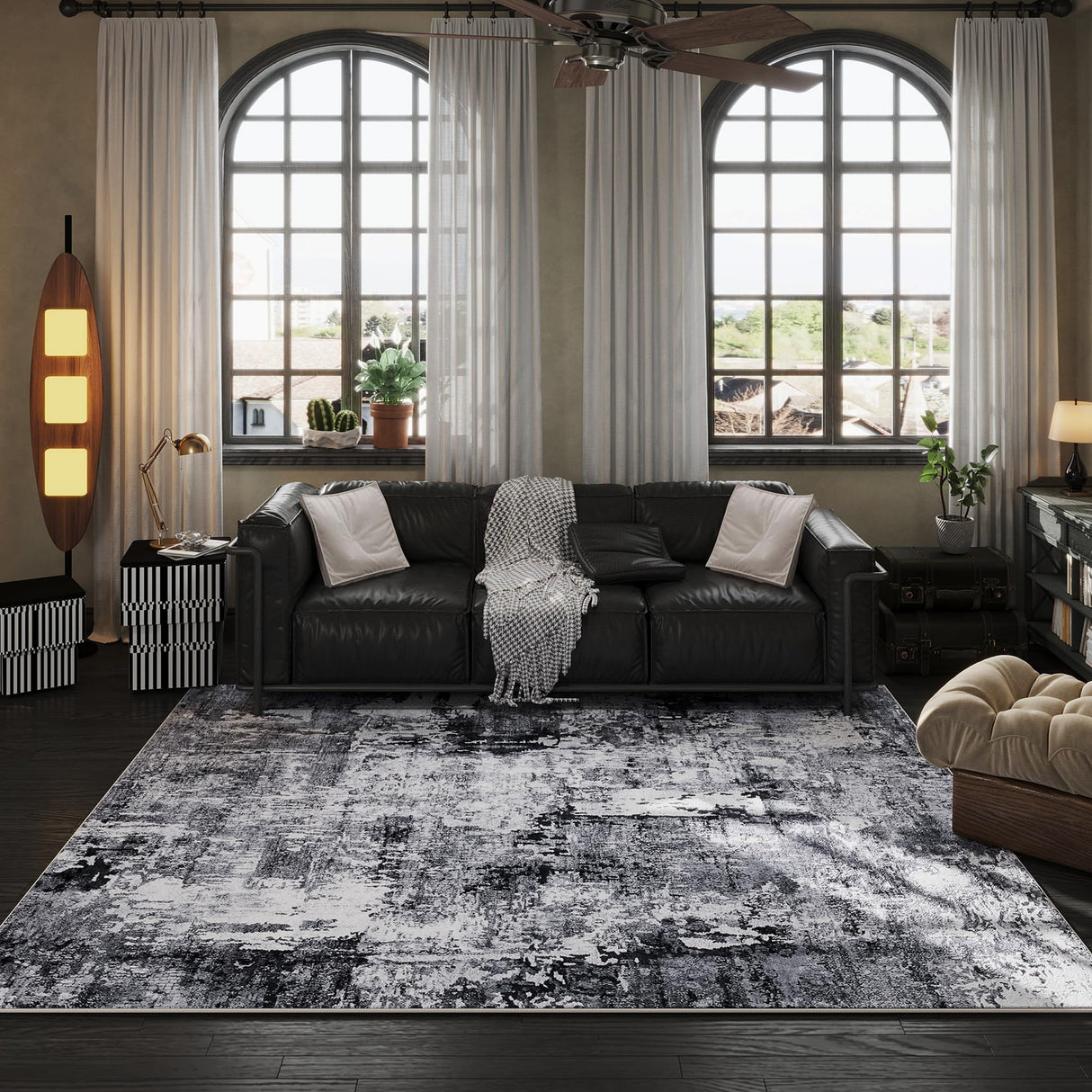 Rugcomf Area Rug 5x7 Washable Rug Boho Soft Abstract Pattern Non-Slip Faux Wool Vintage for Living Room, Bedroom, Farmhouse, Dining Room, Kids Playroom, Grey and Black Rugcomf