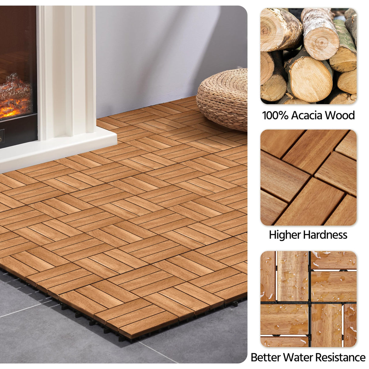 Yaheetech 10pcs Hardwood Interlocking Patio Deck Tiles Acacia Waterproof Wood Flooring Tiles for Patio Garden Poolside, 12'' x12'' Indoor Outdoor Use All Weather Yaheetech