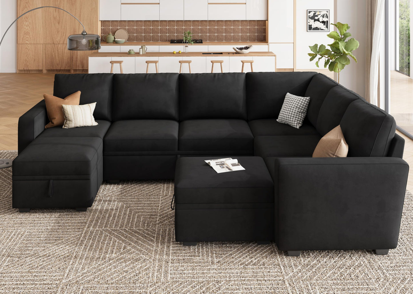 HONBAY Modular Sectional Couch with Storage, Velvet U-Shaped Sectional Sofa with Storage Ottoman Convertible U-Shaped Sofa for Living Room, Black