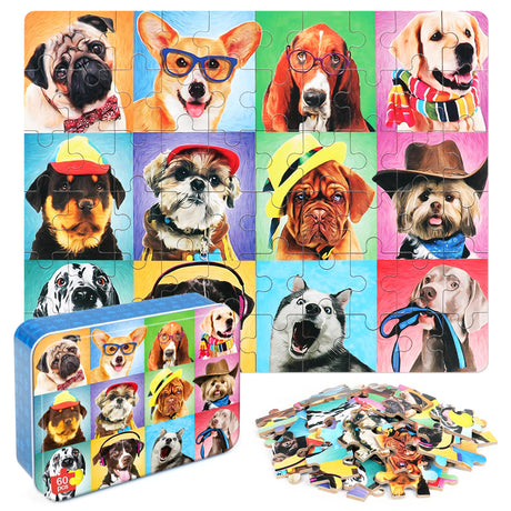 LELEMON Puzzles for Kids Ages 4-6,Dog 60 Piece Puzzles for Kids Ages 4-8,Children Jigsaw Puzzles Kids Puzzles in a Metal Box,Educational Learning Puzzle Toys for Girls and Boys LELEMON