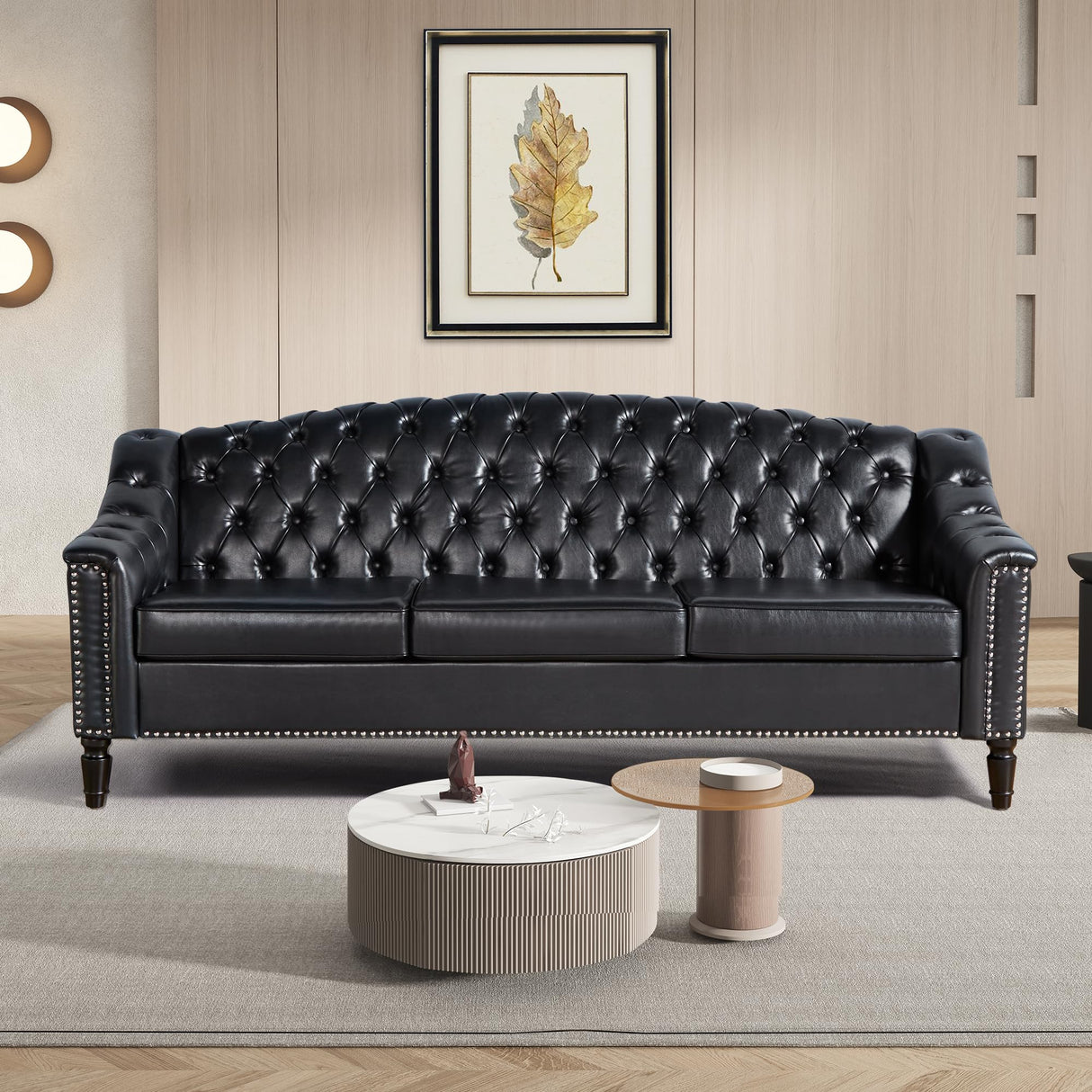 Chesterfield 3-Steater Sofa, 80" Comfy Leather Sofas Couch with Camelback for Living Room, Mid Century Modern 3 Deep Seats Couch for Apartment Bedroom, Office (PU-3-Steater Sofa, Black) SUJOUCRAFT