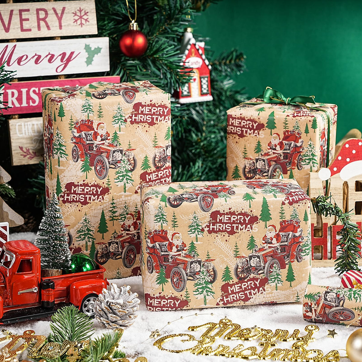 LeZakaa Kraft Christmas Wrapping Paper Roll, Santa Driving Vintage Red Car with Christmas Trees, Rustic Holiday Gift Wrap for Men Adults Kids, Xmas Winter Wonderland, Mini Roll 17 in x 16.4 Ft LeZakaa