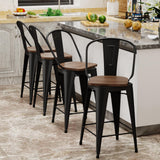 Aklaus Swivel Metal Bar Stools Set of 4 Counter Height Stools Counter Bar Stools with Back Swivel Metal Bar Chairs Wooded Seat 26 Inch Matte Black barstools Aklaus