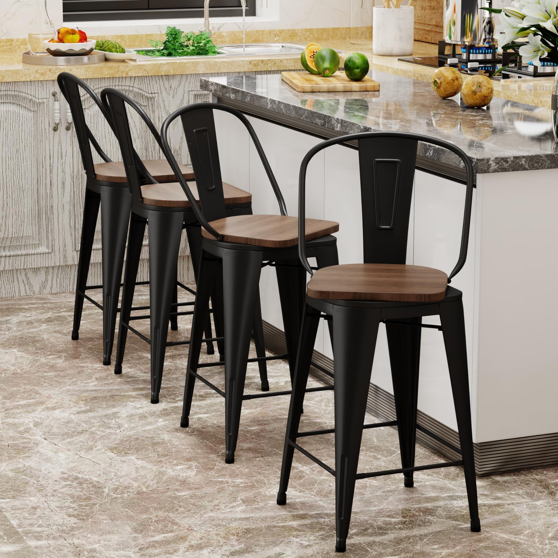 Aklaus Swivel Metal Bar Stools Set of 4 Counter Height Stools Counter Bar Stools with Back Swivel Metal Bar Chairs Wooded Seat 26 Inch Matte Black barstools - WoodArtSupply