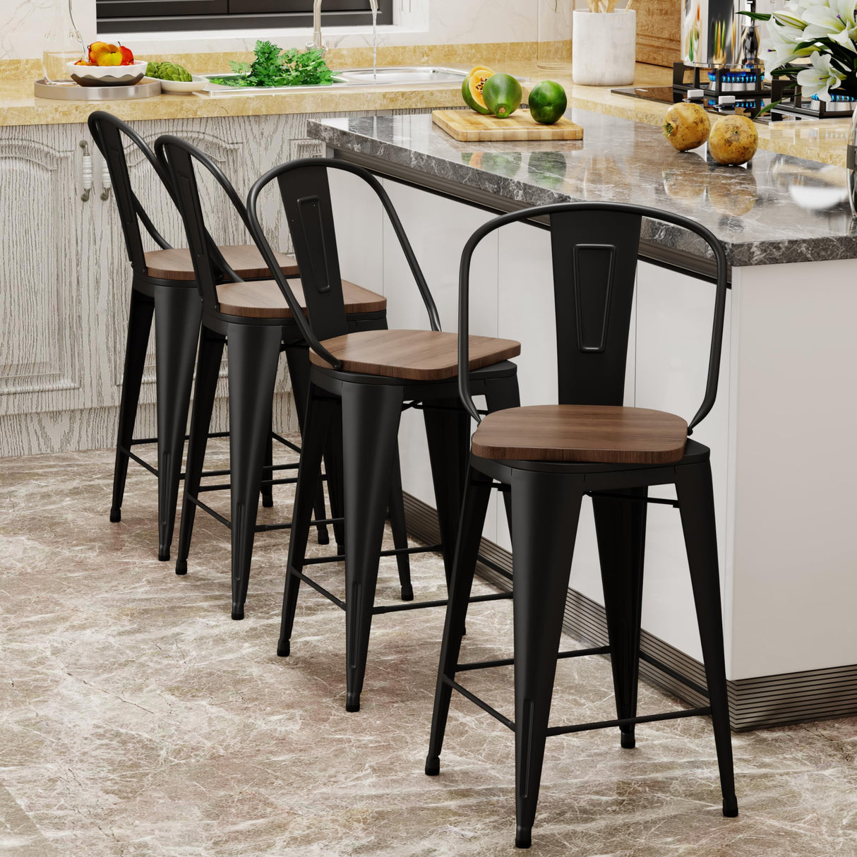 Aklaus Swivel Metal Bar Stools with Backs Counter Stools Set of 4 Counter Height Stools High Back Bar Chairs 24 Inch Barstools Farmhouse Matte Black Aklaus