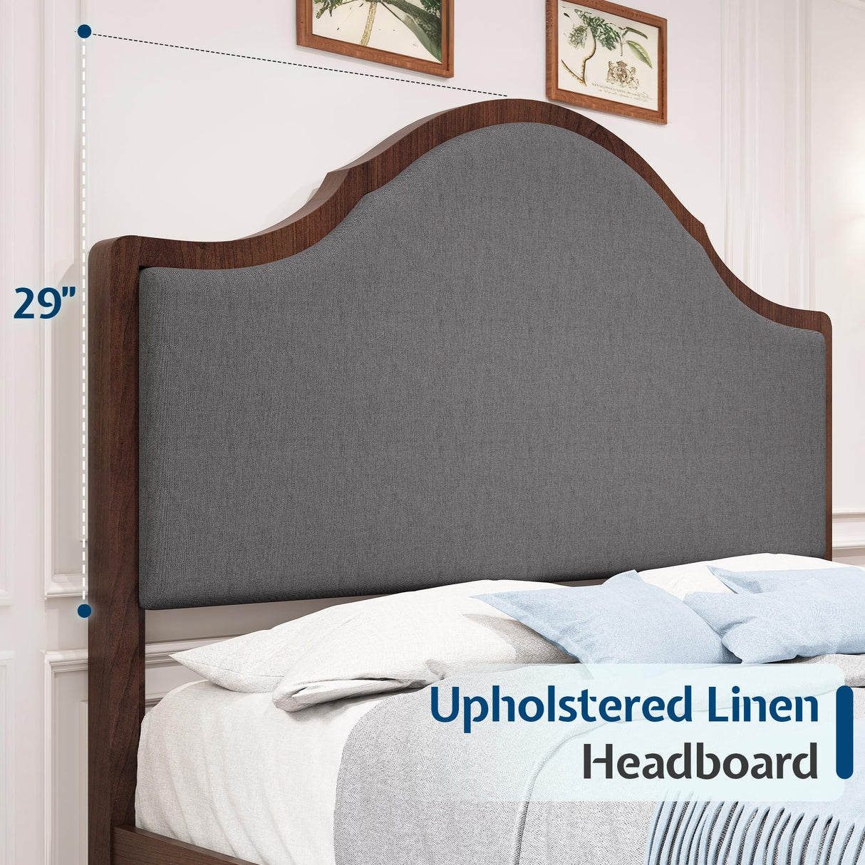 Jocisland Wood Queen Size Bed Frame with Tall Upholstered Curved Headboard, Solid Wood Platform, No Box Spring Needed, Wood Slat Support, Brown Jocisland