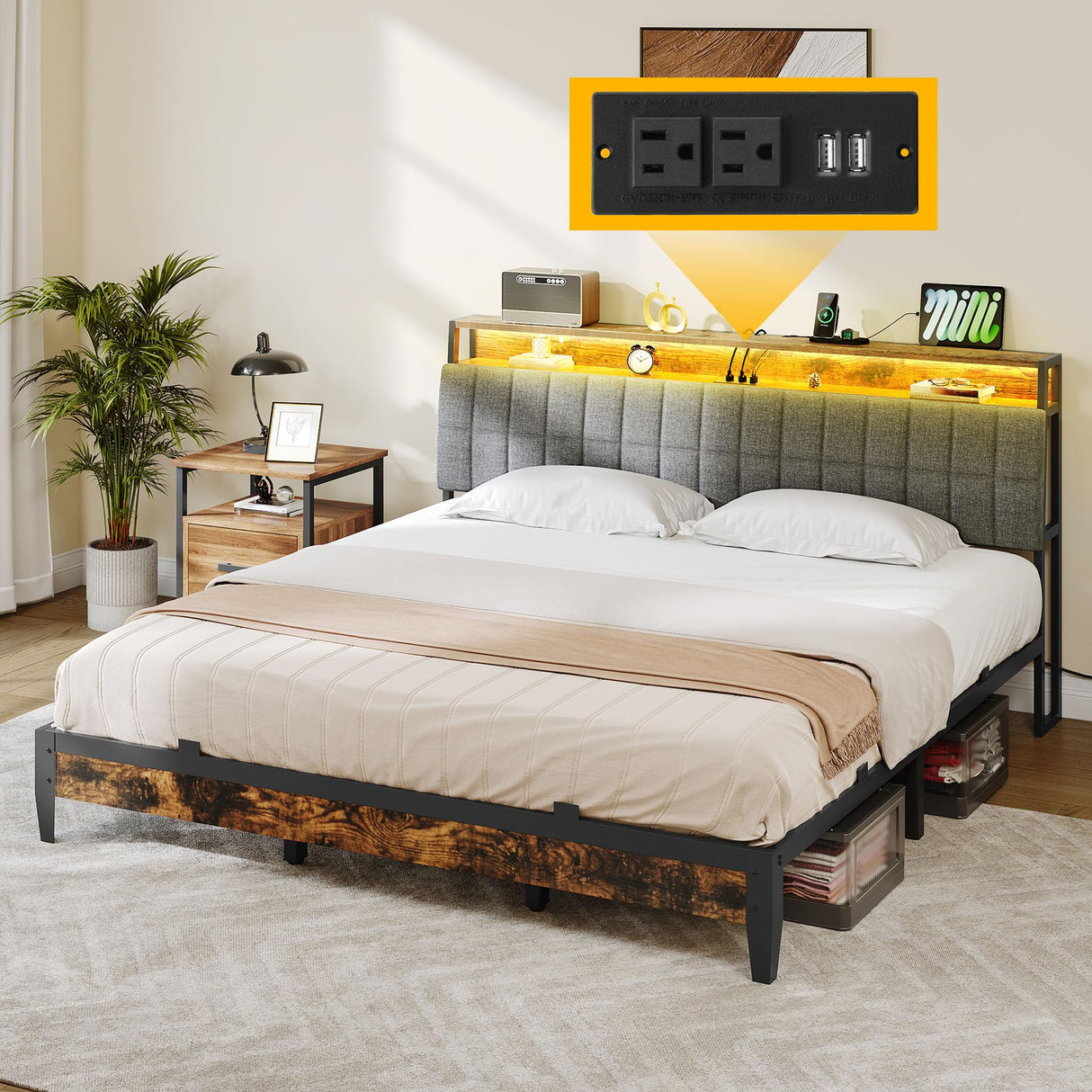 DWVO King Size Bed Frame with Charging Station, 2-Tier Storage Headboard with RGB LED Lights, Linen Upholstered Platform Bed Strong Wooden Slats, No Box Spring Needed Noise Free, Rustic Brown DWVO