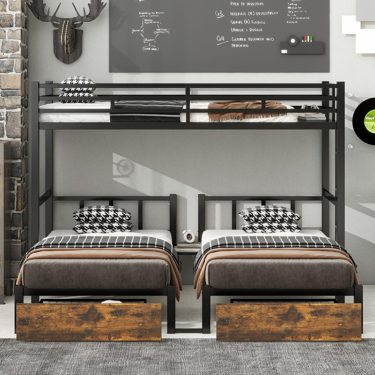 FULLJOJOR Triple Bunk Bed for Kids,Detachable TwinXL Over Twin Over Twin Metal Bunk Bed with Guardrails,Ladder & Storage,Converts to 3 Separate Beds,Easy to Assemble(3 Bunk Beds for Kids) FULLJOJOR