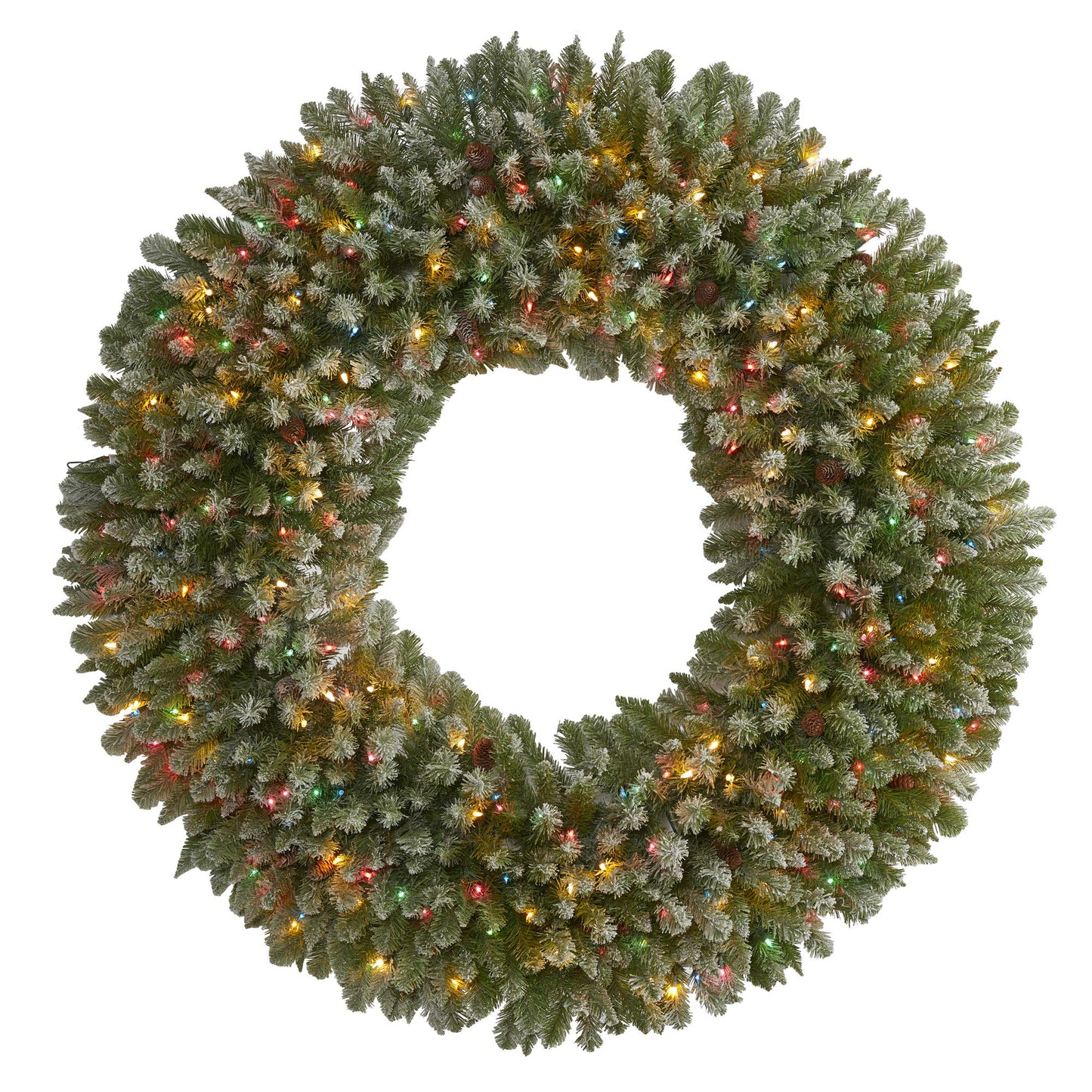 Nearly Natural 5ft. Giant Flocked Artificial Christmas Wreath with 280 Multicolored Lights and Pine Cones