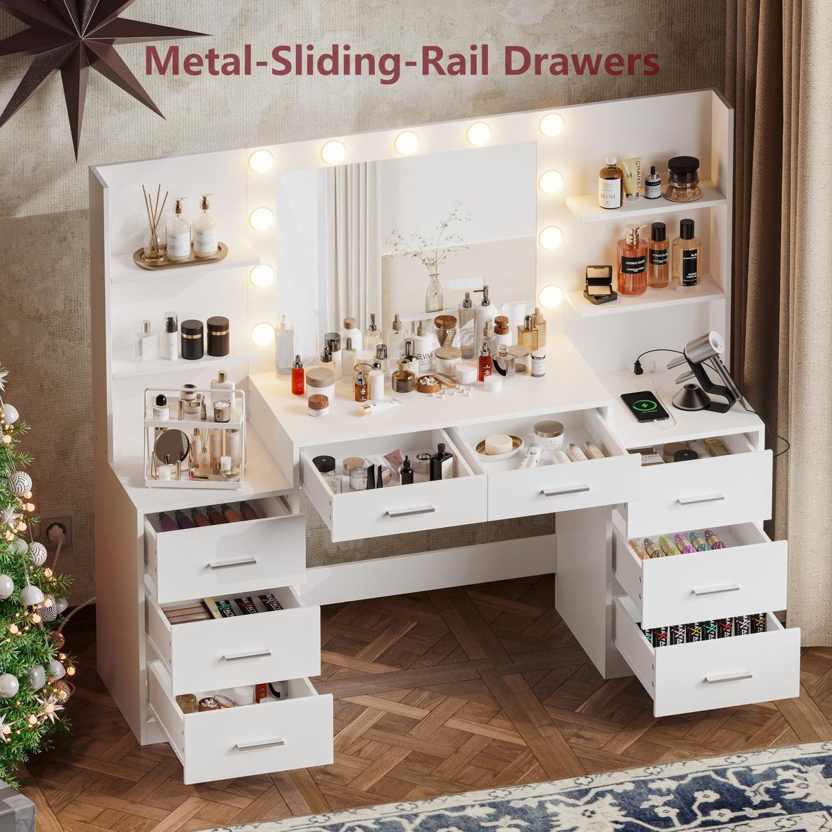 Irontar Makeup Vanity Table with Mirror & Lights, Vanity Desk with Power Strip, Large Drawer & Six Open Storage Dresser, 3 Lighting Modes Adjustable Brightness, Dressing Table, White WDT006W Irontar
