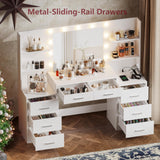 Irontar Makeup Vanity Table with Mirror & Lights, Vanity Desk with Power Strip, Large Drawer & Six Open Storage Dresser, 3 Lighting Modes Adjustable Brightness, Dressing Table, White WDT006W Irontar
