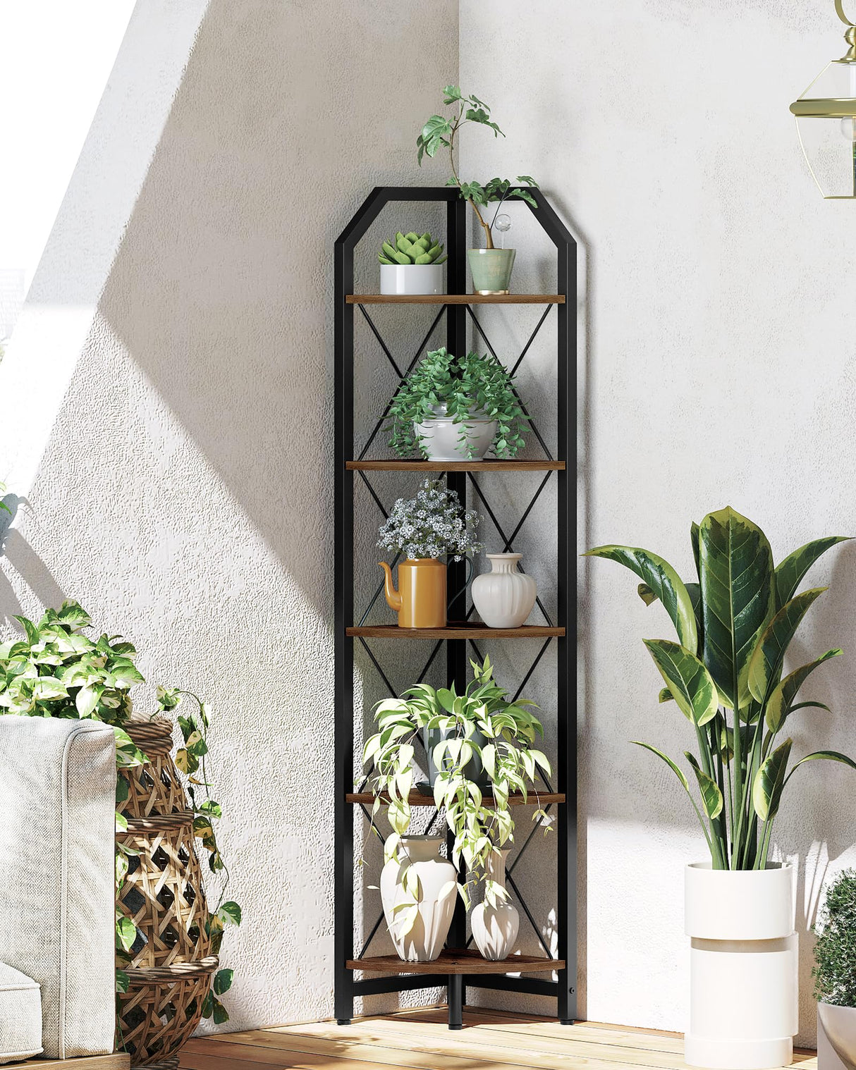 CHOEZON 59.4" Corner Shelf, 5-Tier Industrial Corner Bookshelf, Corner Storage Stand, Plant Stand Display Shelf, Corner Bookcase for Bedroom, Living Room, Home Office, Rustic Brown and Black TCJ10BF CHOEZON