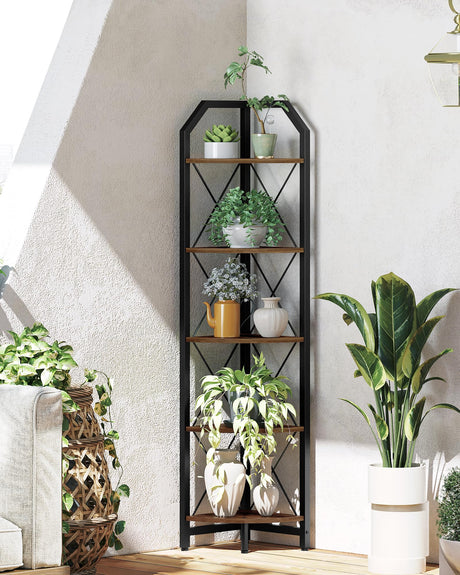 CHOEZON 59.4" Corner Shelf, 5-Tier Industrial Corner Bookshelf, Corner Storage Stand, Plant Stand Display Shelf, Corner Bookcase for Bedroom, Living Room, Home Office, Rustic Brown and Black TCJ10BF CHOEZON