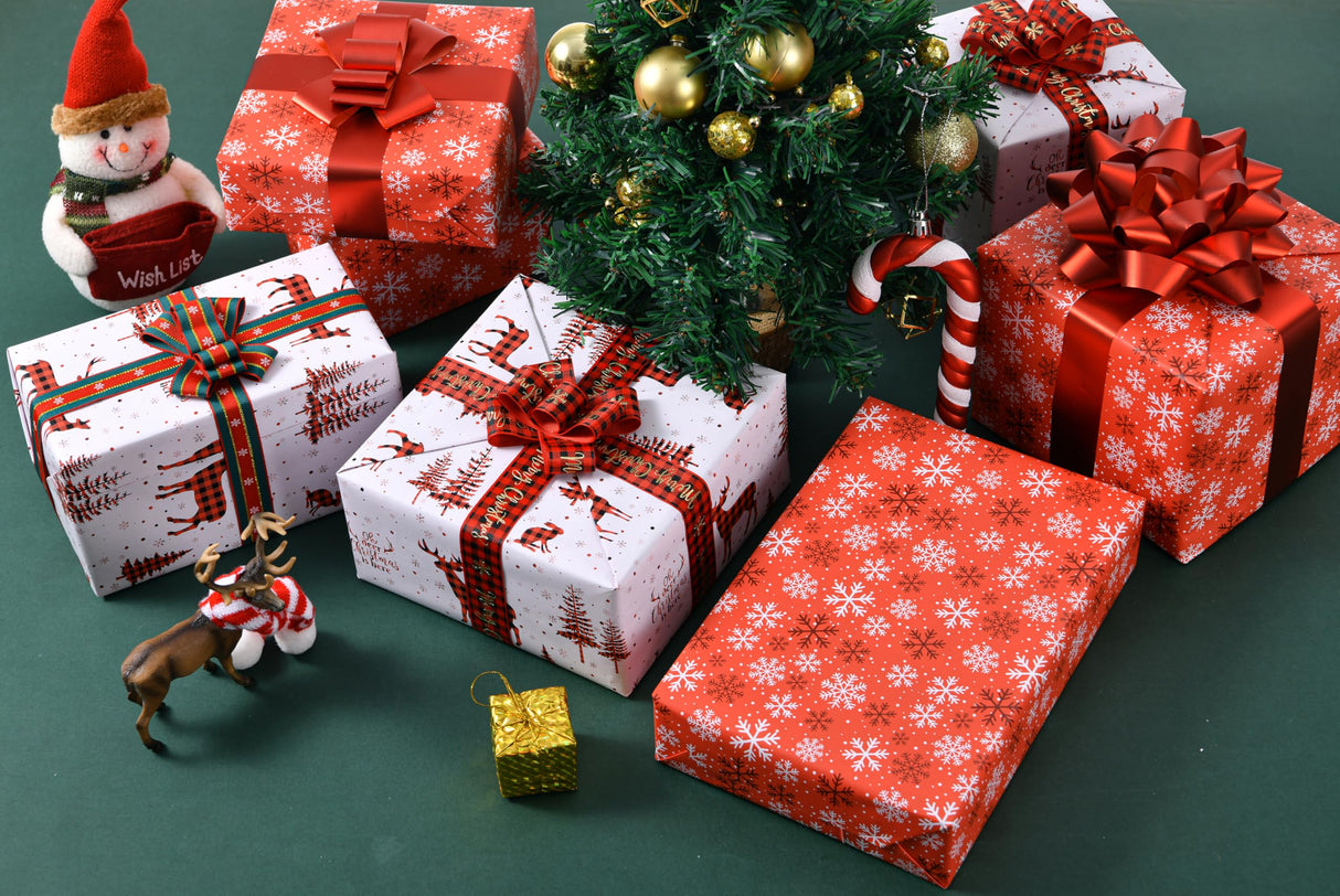 Sikiweiter Christmas Wrapping Paper Rolls -Mini Roll 17 Inch X 33 Feet - Reversible Plaid Reindeer and Snowflake Design Wrapping Paper(Christmas) Sikiweiter