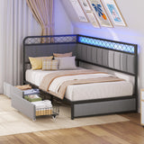ANCTOR Twin Daybed with 2 Storage Drawers, Corner Bed Frame with LED and Charging Station, Metal Platform Daybed Frame for Living Room, Bedroom and Guest Room, Gray ANCTOR