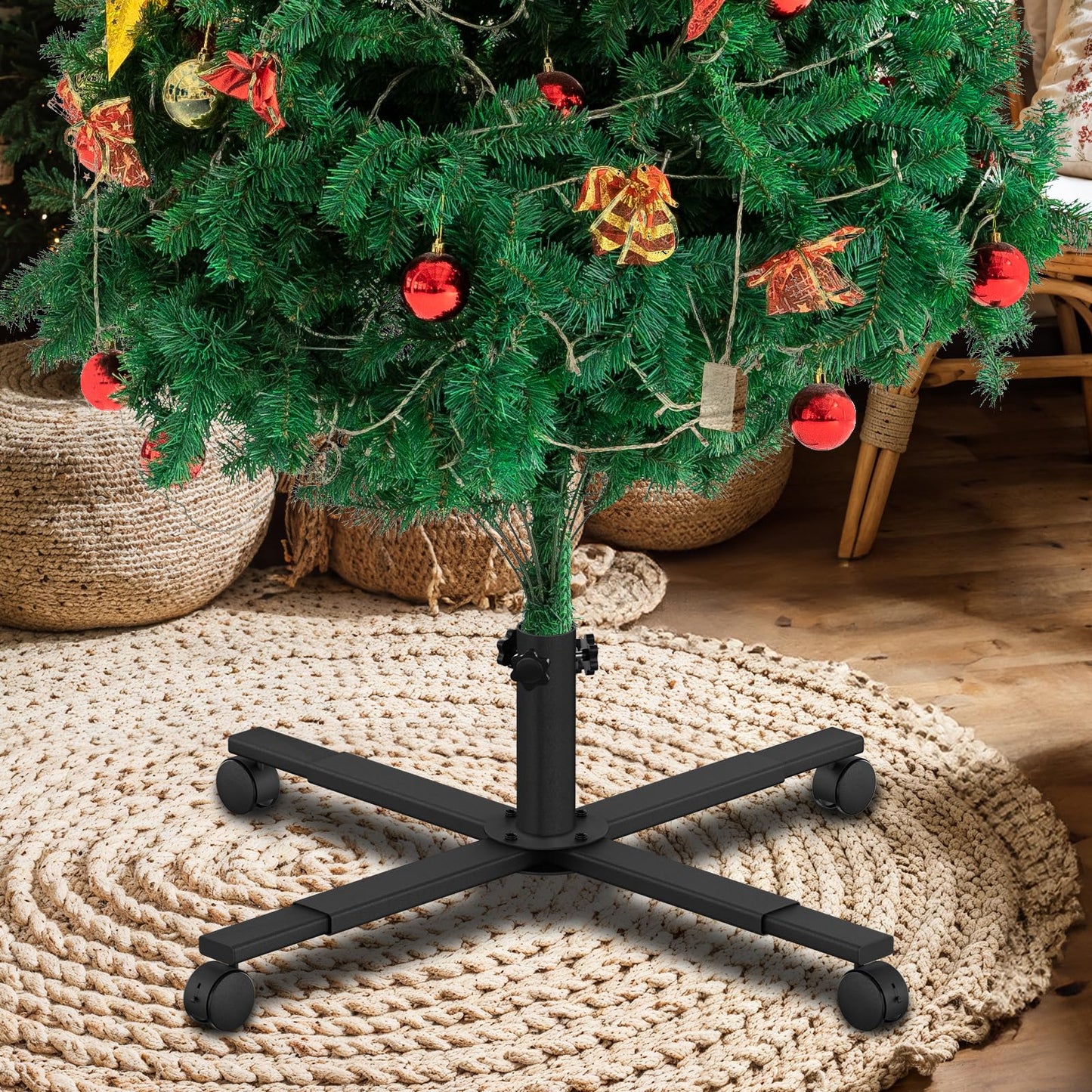 bruwaa Christmas Tree Stand for Artificial Tree, Extendable Heavy Duty Tree Stand Base with Universal Wheel for 7.5 to 9 FT Artificial Trees, Fits 0.5-1.37 Inch Tree Pole, Black