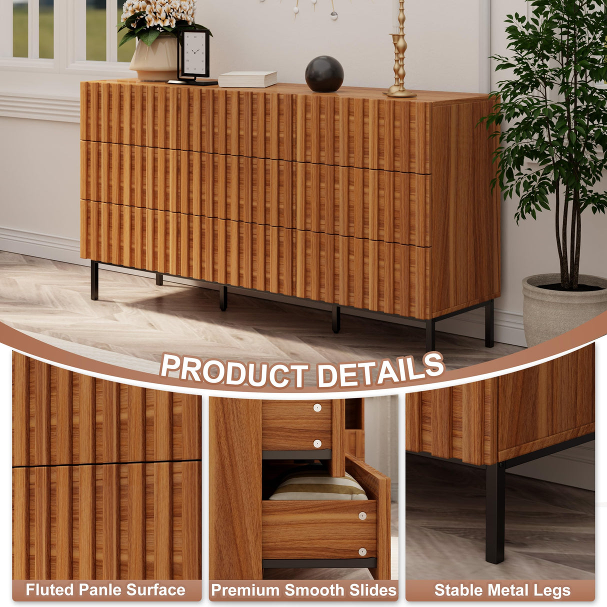 UEV 59" Fluted Dresser with 9 Drawers, 9 Drawer Dressers for Bedroom, Mid Century Modern Fluted Dresser, Long Chest of Drawers TV Stand for Living Room, Hallway (Natural Wood) UEV