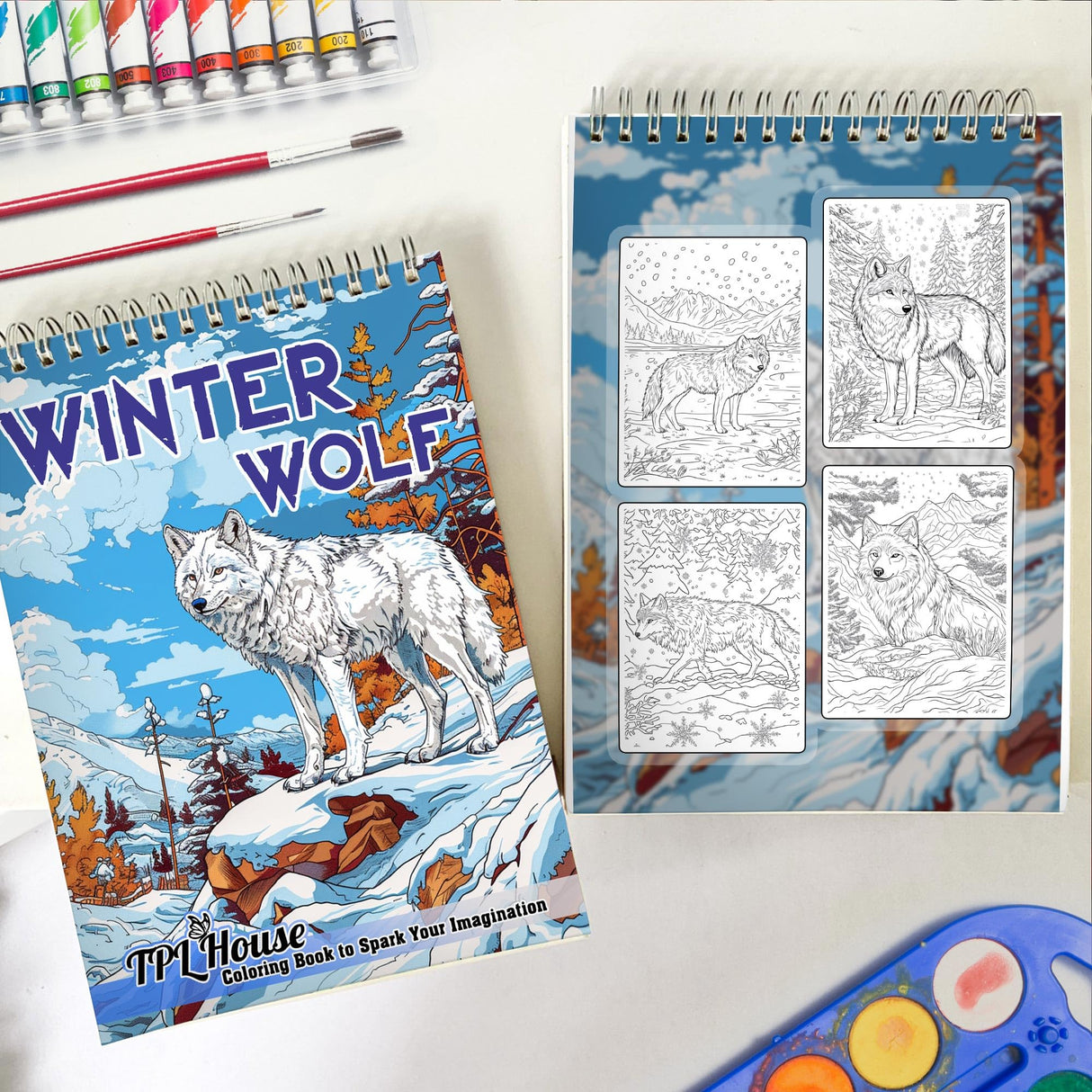 TPLHOUSE Winter Wolf Coloring Book Spiral Bound for Adults, Premium Cover, 30 Beautiful Coloring Pages of Majestic Wolves in Winter Scenes Stress Relief and Relaxation TPLHOUSE