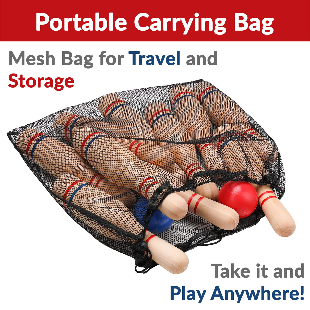 STERLING Sports Premium Wooden Lawn Bowling Skittles Set 11" Pins with Carrying Mesh Bag - 10 Heavy Solid Wooden Pins and 2 Balls - for Indoors and Outdoors STERLING