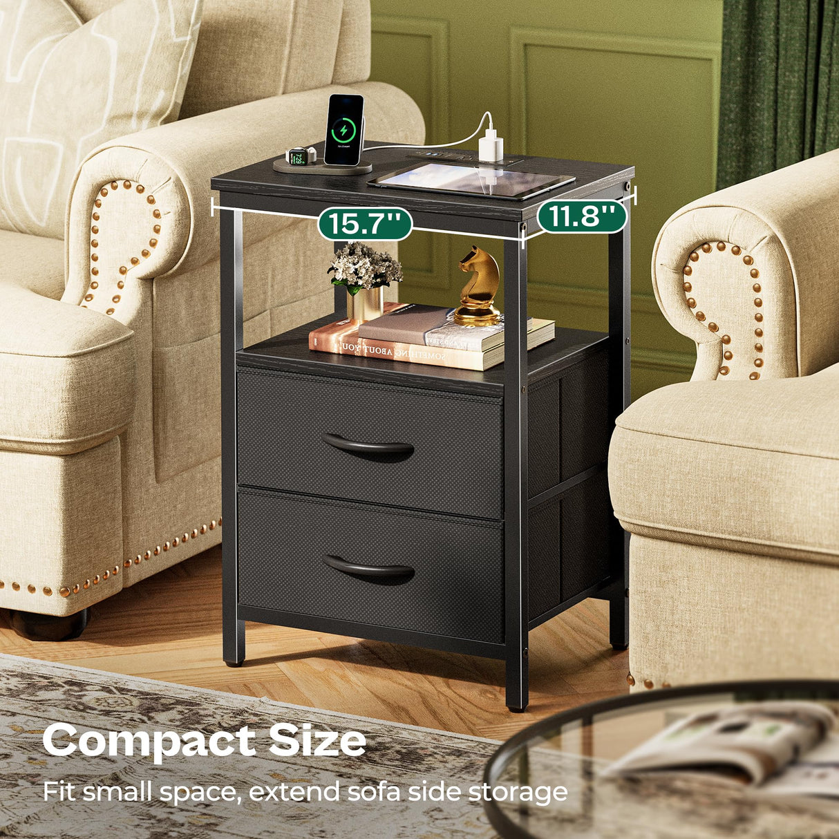 Huuger Night Stand with Charger Station and LED Lights, 2 Drawer Nightstand, Bed Side Table with Open Shelf, End Table, Fabric Dresser for Bedroom, Black Huuger