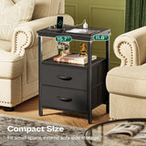 Huuger Night Stand with Charger Station and LED Lights, 2 Drawer Nightstand, Bed Side Table with Open Shelf, End Table, Fabric Dresser for Bedroom, Black Huuger