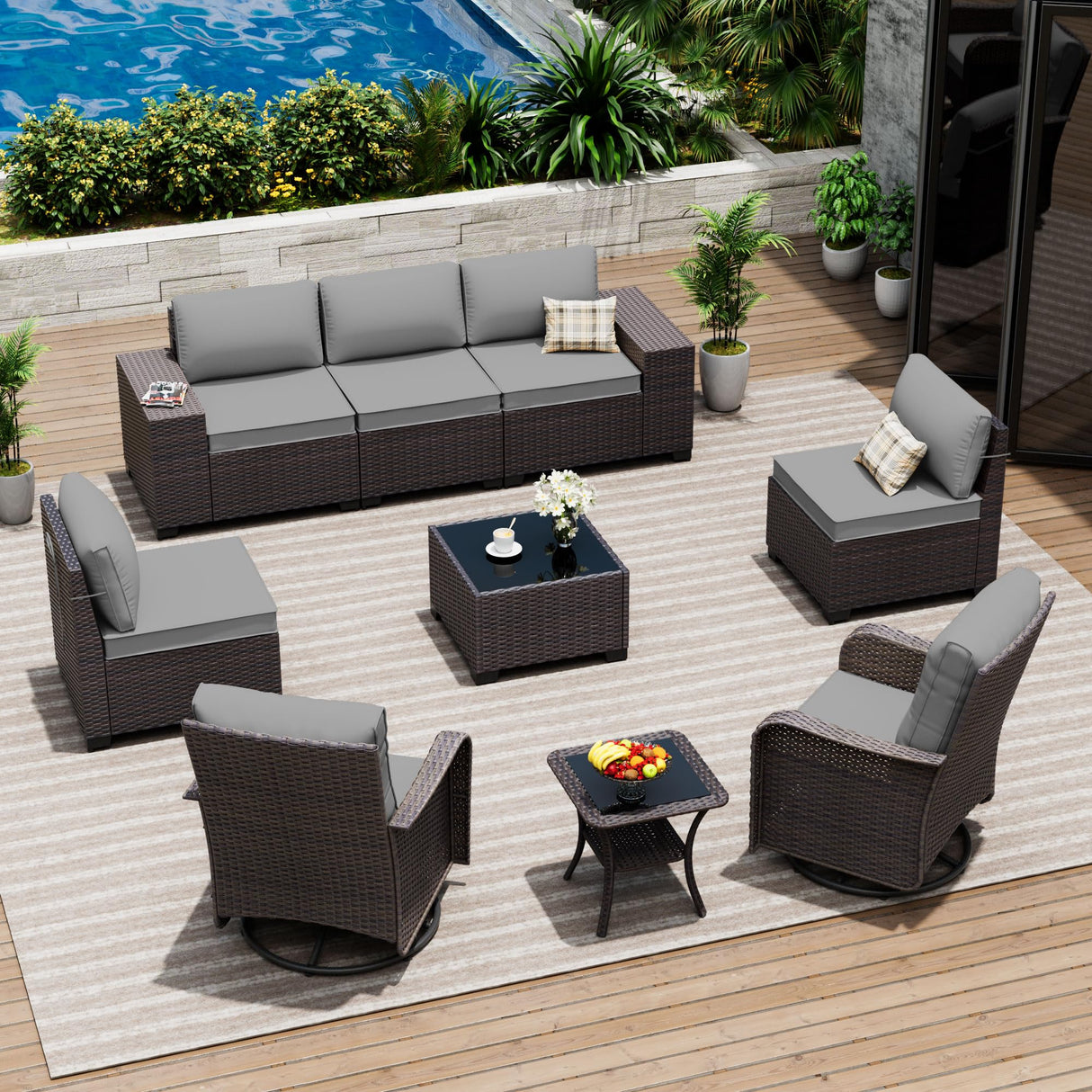 ASJMR 9 Pieces Patio Furniture Set with 2 Swivel Chairs Patio Furniture Outdoor Sectional Sofas Outdoor Patio Conversation Set - Grey ASJMR