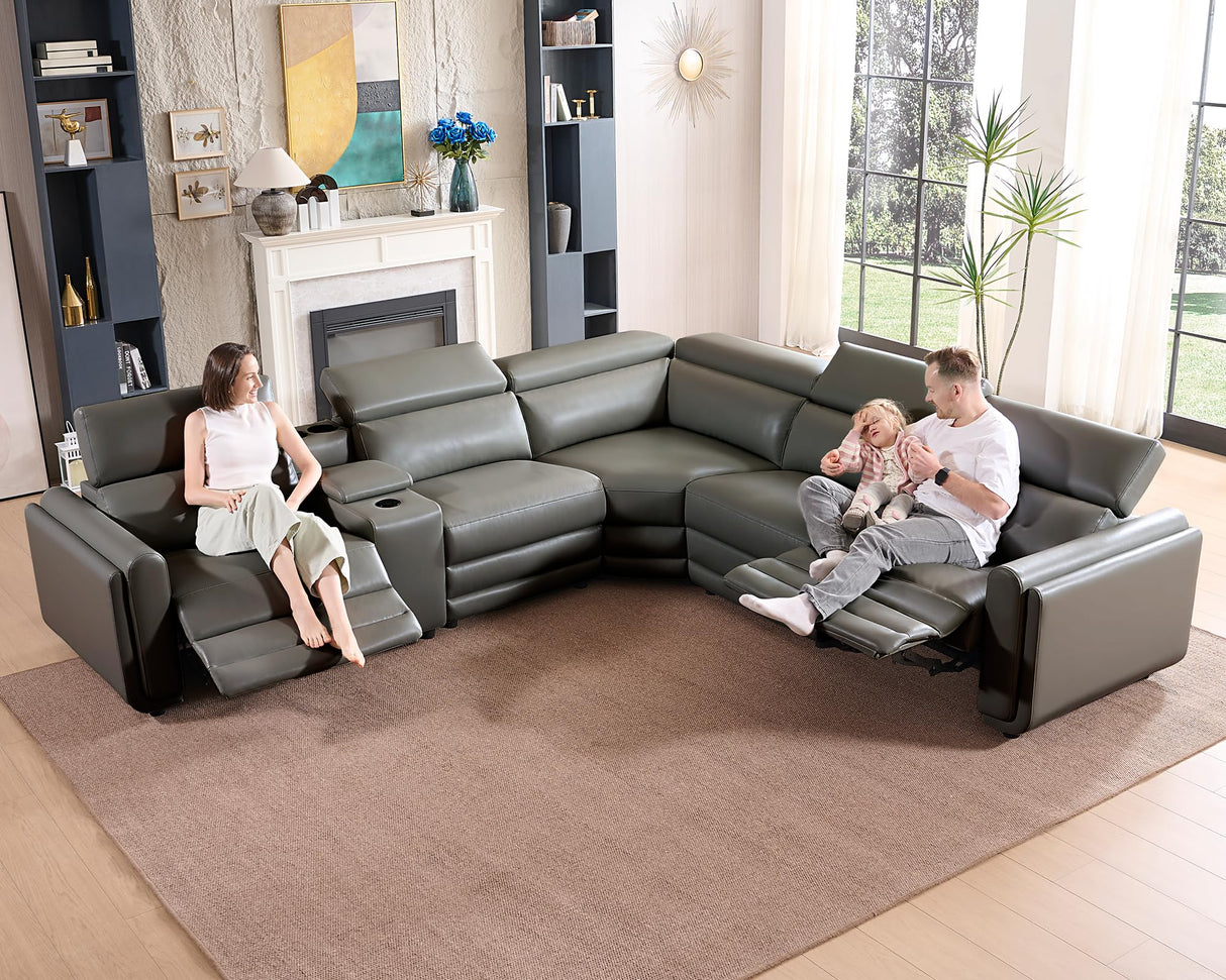 Jocisland Dual Power Recliner, Oversized 5-Seater Sofa with Console, 3 Bluetooth Speakers & Hidden Storage, Modern L Shaped Reclining Couch with 6 Charging Ports - Dark Gray Leathaire Jocisland