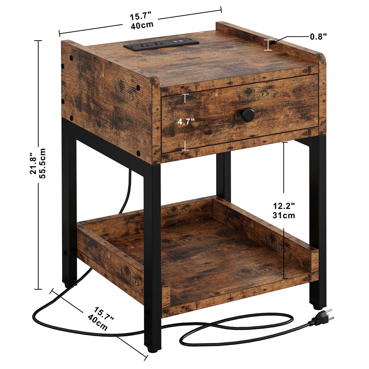 LIKIMIO Nightstand, Set of 2 Bedside Table with Charging Station, Small End Table with Storage Drawer and Shelf for Bedroom and Living Room, Easy Assembly, Stable and Sturdy, Vintage Brown LIKIMIO