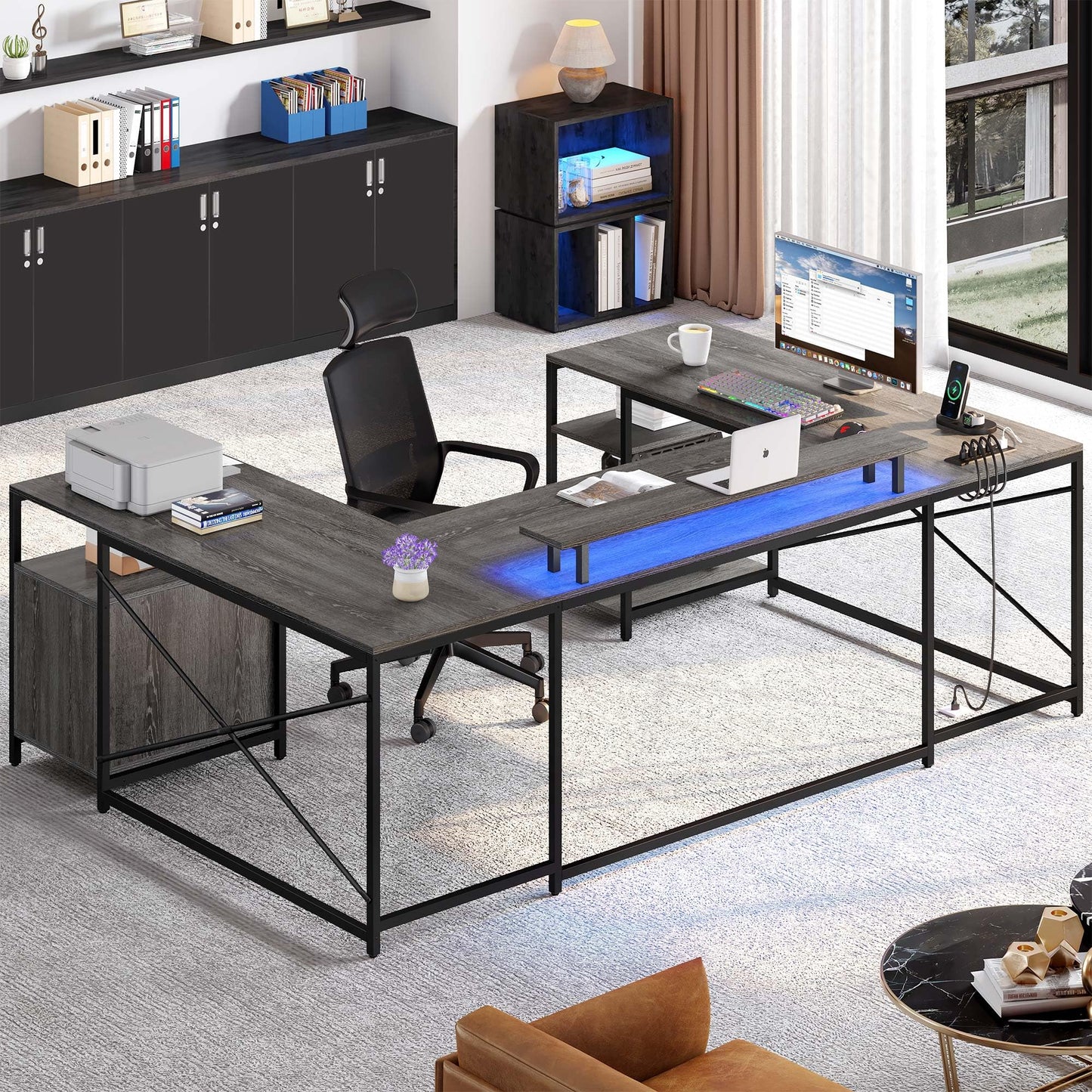 YITAHOME U Shaped Desk with Power Outlets & LED Lights, 79" Reversible L Shaped Desk with Drawers, Corner Computer Desk Office Desk with Monitor Stand & Storage Shelves, Grey - WoodArtSupply