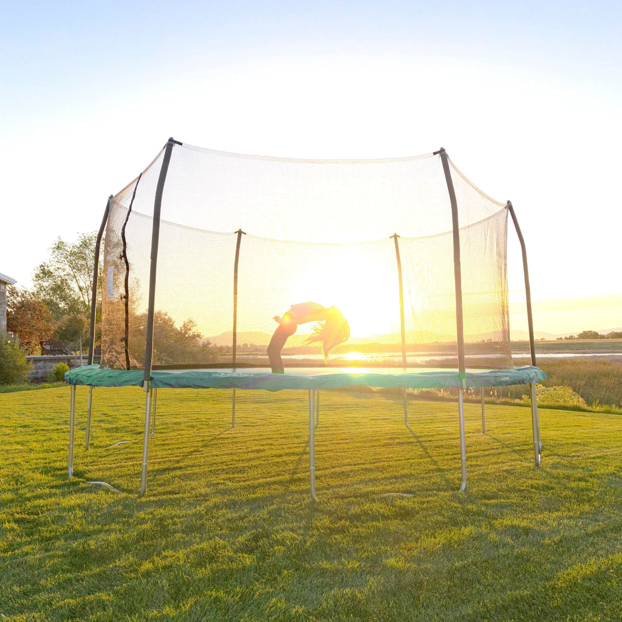 Skywalker Trampolines 17ft x 15ft Oval Trampoline with Enclosure – Green Skywalker Trampolines