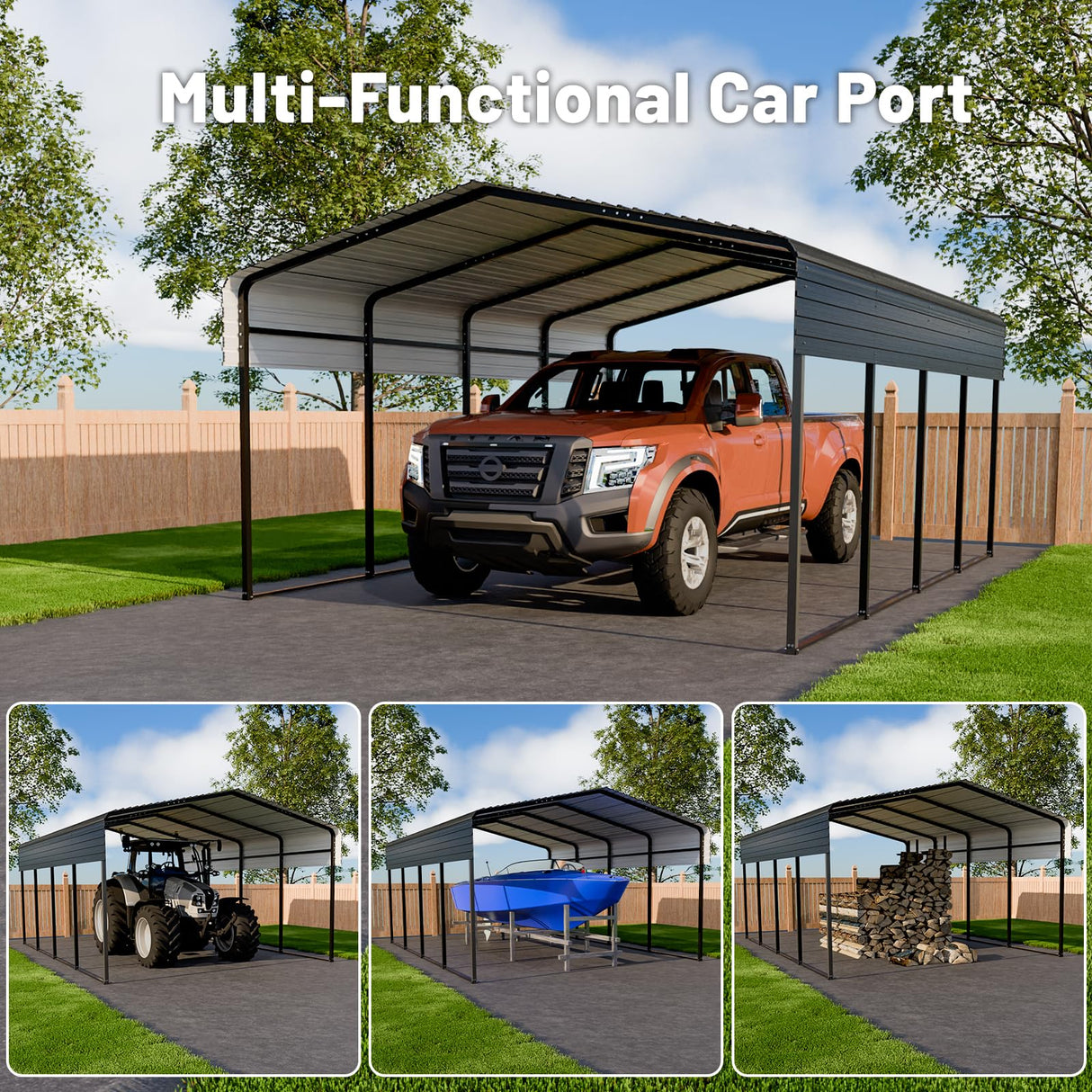 HEYTOWN Metal Carport 10 * 15 FT Heavy Duty Carport Canopy with Galvanized Steel Roof Multi-Use Shelter Outdoor Portable Garage for Car, Boat, Pickup and Tractor HEYTOWN