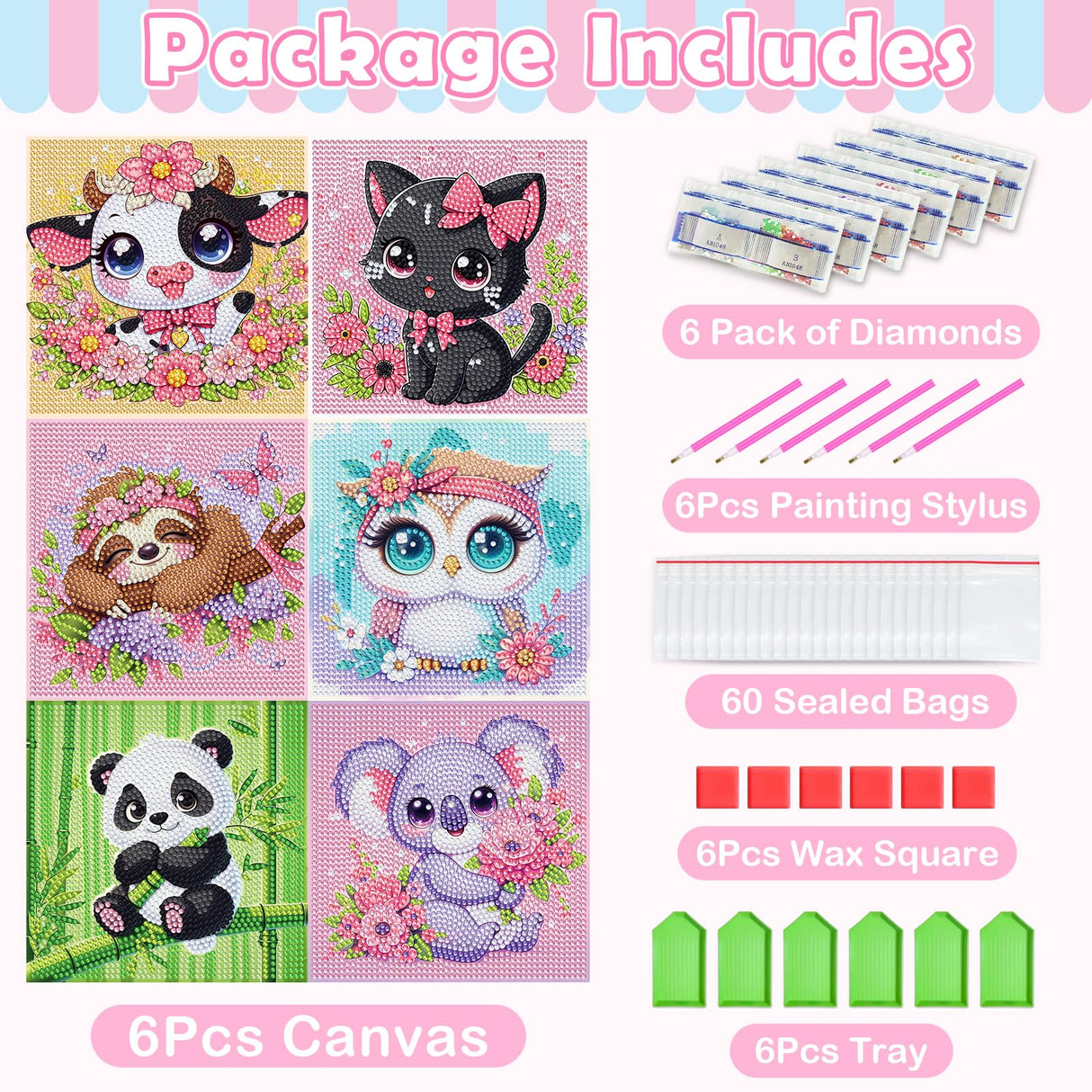 NANZHOO Diamond Art Kits for Kids, 6 Pack 5D Cartoon Diamond Painting Kits for Adults Beginner, Cute Animals DIY Big Gem Art Arts and Crafts for Kid Mosaic Kits for Gift Home Wall Decoration 6X6 inch NANZHOO