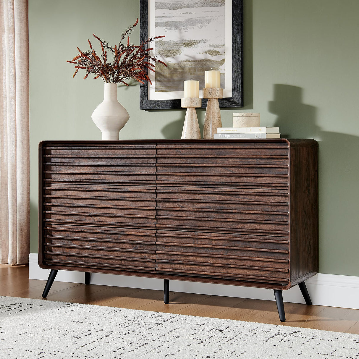 RedLemon 6 Drawers Dresser for Bedroom, 54'' Wide Mid Century Modern Wood Fluted Double Dresser, Chest of Drawers with Tapered Leg for Bedroom, Living Room, Hallway, Closet, Dark Walnut RedLemon