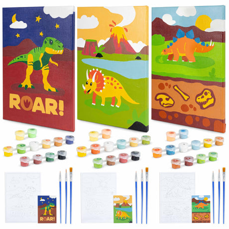 BONNYCO Paint by Numbers Kit for Kids Dinosaurs Pack 3 Canvas Paint by Number Canvas Framed Pre Drawn, Dinosaurs Gifts for Boys | Arts and Kids Crafts 4-6 8-12, Pintar por Numeros | Dino Craft BONNYCO