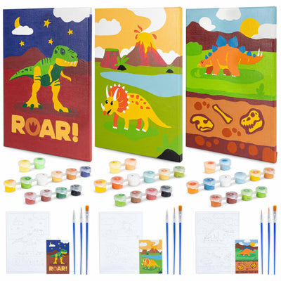 BONNYCO Paint by Numbers Kit for Kids Dinosaurs Pack 3 Canvas Paint by Number Canvas Framed Pre Drawn, Dinosaurs Gifts for Boys | Arts and Kids Crafts 4-6 8-12, Pintar por Numeros | Dino Craft